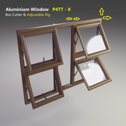 "Aluminum Window 3D model with wood materials and chrome parts for Blender 3D software. Based on P4TT 1512, with adjustable size and opening windows always at half the height. Perfect for Arch-vis with labeled diagrams and coper cladding."