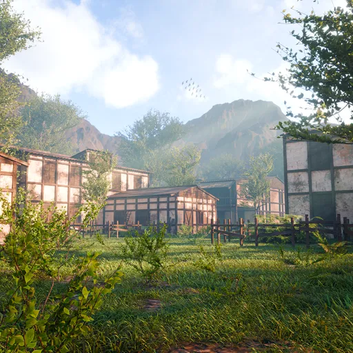 Sunlit Timber Village in Nature
