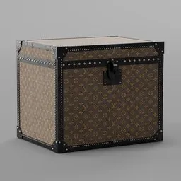 "3D model of a Louis Vuitton metallic chest box with handle and latch, created using Blender 3D. The top lid opens to reveal a treasure-like interior, featuring fluent cloths and intricate details. Perfect for adding an elegant touch to your 3D scenes and designs."