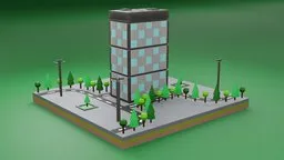 Low poly 3D model of a modern commercial building with surrounding trees and street lamps, compatible with Blender.