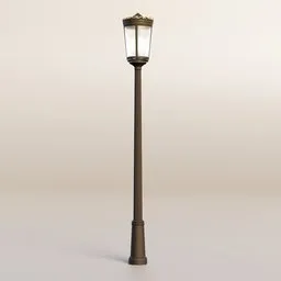 "Antique iron and glass street lamp 3D model for Blender 3D. Inspired by Carpoforo Tencalla, this tall thin frame gaslight features a detailed body shape and a torch. Perfect for exterior ambiance in architectural visualizations and virtual worlds like the Sims 4 and Roblox."