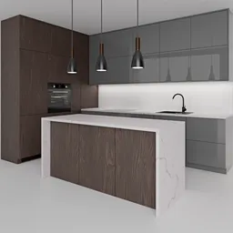 Modern 3D rendered kitchen with wood elements, sleek design, suitable for Blender modeling and visualization.