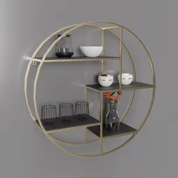 Decorative 3D brass circular shelf model with vases and books, ideal for elegant interior design visualization in Blender.
