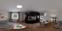 360-degree HDR panorama of a modern living room with L-shaped sofa and wooden floors, plus kitchen view.