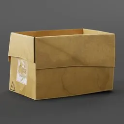 Realistic textured 3D model of an open, worn cardboard box, suitable for Blender rendering and art projects.