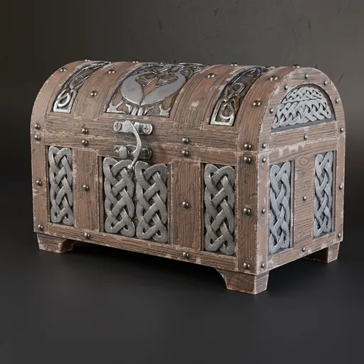Detailed 3D model of a vintage wooden chest with intricate metalwork, ideal for game and scene rendering in Blender.