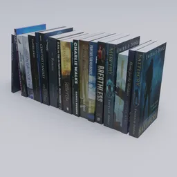 "Stacked pile of 19 literature books with textured covers, rendered with finalrender 0.8 in Blender 3D. Features military design and a silver-blue color scheme. Ideal for creating realistic book scenes in your 3D projects."