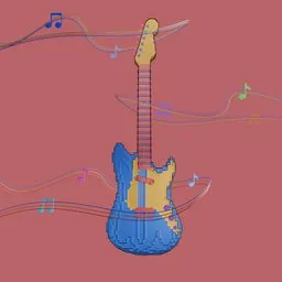 Detailed 3D pixel art guitar model with vibrant colors, suitable for Blender animations and gaming assets.