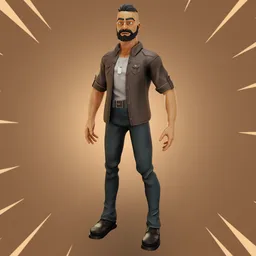 "Stylized lowpoly character with a brown shirt and jeans, featuring a beard and glasses. Rigged and optimized for games/animation, this Blender 3D model offers a cartoon-like appearance inspired by Patrick Brown. Download and use this versatile character for an immersive experience."