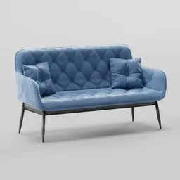 Velvet-textured 3D blue sofa model with tufted details, designed for Blender 3D rendering.