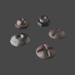 "Assorted screws and nuts in Blender 3D - Construction category. This 3D model includes four different types of screws and nuts on a gray background, perfect for streamlining your modeling projects. Ideal for users seeking high-quality, detailed 3D models for Blender 3D."