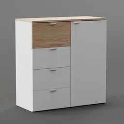 "Discover 'Belle A', a professionally detailed 3D model of a vertical white cabinet with a wooden top and drawers. This commode, inspired by Swedish design and created with Blender 3D, is perfect for interior designers seeking Scandinavian-inspired furniture. Explore this high-quality product render for your Blender 3D projects."