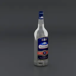 Detailed 3D model of a clear glass White Rhum bottle created with Blender, perfect for bar scenes.