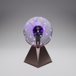 "Procedural Plasma Ball 3D model created in Blender 3D with customizable speed and density controls. Perfect for industrial exterior designs and fantasy miniature enthusiasts, with a purple light glowing inside the glass obelisks. Inspired by Eishōsai Chōki and Eizō Katō, this museum-worthy item adds a touch of realism and symmetrical perfection to any scene."