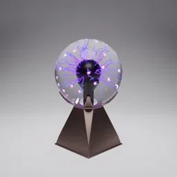 "Procedural Plasma Ball 3D model created in Blender 3D with customizable speed and density controls. Perfect for industrial exterior designs and fantasy miniature enthusiasts, with a purple light glowing inside the glass obelisks. Inspired by Eishōsai Chōki and Eizō Katō, this museum-worthy item adds a touch of realism and symmetrical perfection to any scene."