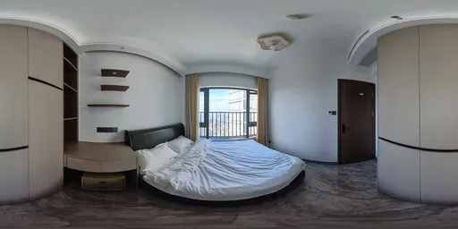 Bright round bed in a spacious bedroom with balcony and contemporary decor for HDR lighting scenes.