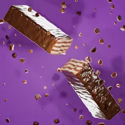 3D model of realistic chocolate bars with dynamic particles on purple background.