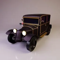 "Low Poly 1925 Classic Car - Blender 3D Model for Motion Graphics and Mobile Games. Inspired by Gustave Van de Woestijne, this toy car features intricate metal and wood details, with a charming black top hat. Dark purple color scheme and a medium-format print make it a trending model on textures.com, perfect for your Blender 3D projects."