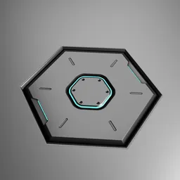 "Scifi Decal 048: A futuristic armor-inspired 3D model with a hexagon design, featuring a close-up of a clock with a blue light, a square backpack, and a rounded logo. The robot holds a shield while showcasing a sleek metal skin. Perfect for Blender 3D enthusiasts looking for a visually stunning addition to their projects."