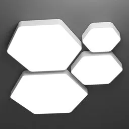 "Multiline H-C: versatile ceiling light with three white hexagonal lights in four size variations, perfect for office ceiling panels and cinematic lighting design in Blender 3D."