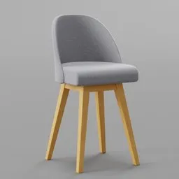 High-quality 3D model of a modern chair with wooden legs and gray upholstery, ideal for Blender rendering.