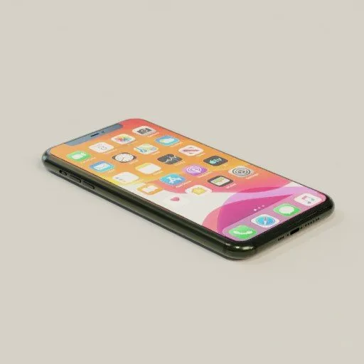 Highly detailed 3D model of a smartphone with icons on a touchscreen display, compatible with Blender for rendering.
