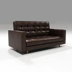Detailed 3D model of a brown tufted leather couch with wooden legs, optimized for use in Blender.