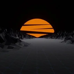 Vibrant sunset over low-poly terrain in a Blender-created 3D cyberpunk template scene.