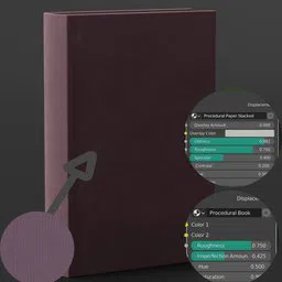 Detailed 3D model of a book with procedural shaders displayed, showcasing texture customization in Blender.