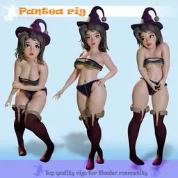 "Pantea full-body 3D model with low-poly count optimized for Blender animation and game engines, showcasing multiple poses."