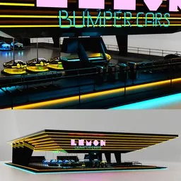 Innovative Blender 3D model featuring a neon-lit lemon-themed bumper car attraction with DJ booth and lounge area.