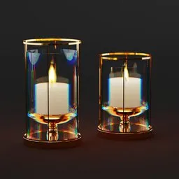 "Golden Candle vase 3D model for Blender 3D - a beautiful home decor piece with two lit candles in a glass holder. Featuring gradient iridescence colors, brass and steam technology, prisms refracting light and rendered in Arnold for a romantic and simple look. Designed in the style of Alexander Trufanov and available for download on BlenderKit."