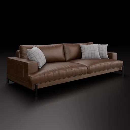 Realistic 3D model of a top grain leather sofa with customizable color in a contemporary design, perfect for Blender 3D projects.