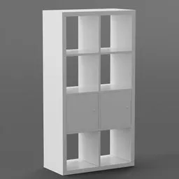 Highly detailed Blender 3D model of a versatile, white shelving unit with compartments and inserts adaptable for room dividing.