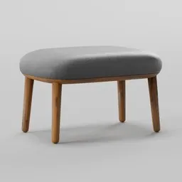 Detailed 3D rendering of a modern pouf with grey cushion and wooden legs for Blender modeling.