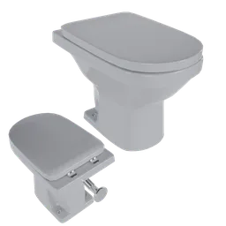 "3D model of a Toilet 1 in satin silver with hinged jaw and detailed body shape, ideal for bathroom scenes. Available in various sizes including large, medium, and small elements, depicted on a black background."