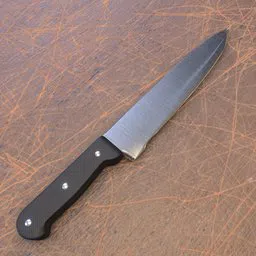 Realistic 3D model of a large chef knife with a black handle on a scratched surface, compatible with Blender.