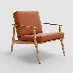 "Retro Designer Armchair from the 60s - Wooden frame and orange upholstered seat, perfect for your Blender 3D furniture collection. Unique design with visible stitching, well rendered in Octane render by Oluf Høst, 2019."