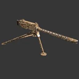 "Explore the ultra detailed 3D model of the M2 Browning machine gun on a tripod, perfect for historic military enthusiasts and Blender 3D users. This true-to-life model features realistic gold crochet skin and battle-damaged details inspired by Mac Conner. Experience the auto-destructive art of this impressive avatar image."