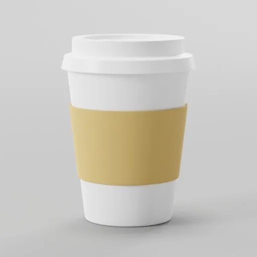 Realistic Blender 3D rendering of a disposable paper coffee cup with a white lid and tan sleeve.