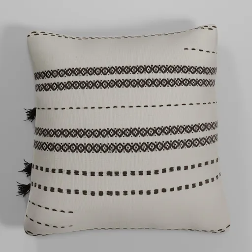 Detailed beige 3D model pillow with black dotted patterns, tassels, and realistic textures for Blender 3D projects.