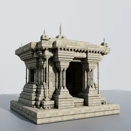 "A realistic 3D model of an ancient cybertronic Hindu temple, inspired by Max Hay's tutorial and created using Blender 3D software. This tabletop model features stunning ornate carved architecture, creating a thin monolith with a small stone structure and a door. Perfect display item for history enthusiasts and fans of lost temples."