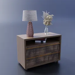 "Contemporary Beadside Table with Nightstand Lamp, Books, and Plant - Ideal for Blender 3D Modeling."