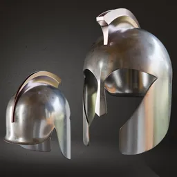 Realistic 3D model of an ancient helmet with detailed metallic textures, side and back shoe belt designs suitable for use in Blender.