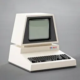 "Retro vintage computer 3D model with built-in monitor and realistic keyboard, designed with 8bits graphics and a minimalist photorealist style. This Blender 3D model features Soviet motifs and Swiss design, reminiscent of the NES and children's toys. Created by Béni Ferenczy with a unique artforum aesthetic and pulsar-inspired design."