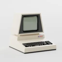"Retro vintage computer 3D model with built-in monitor and realistic keyboard, designed with 8bits graphics and a minimalist photorealist style. This Blender 3D model features Soviet motifs and Swiss design, reminiscent of the NES and children's toys. Created by Béni Ferenczy with a unique artforum aesthetic and pulsar-inspired design."