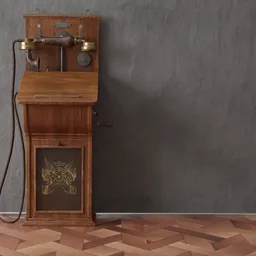 "Vintage and game-ready antique telephone 3D model for Blender 3D. Wooden telephone on a stand in a room with intricate mechanical hydraulics and interconnections. Rendered in Lumion and categorised under industrial exterior in BlenderKit."
