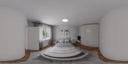 360-degree HDR panorama of a peaceful bedroom with a white bed, wooden floor, and minimalist decor.