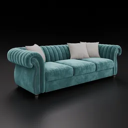 Luxurious teal velvet sofa 3D model with customizable colors, designed for Blender realistic interior rendering and animation.