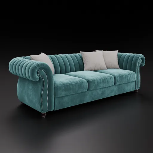 Luxurious teal velvet sofa 3D model with customizable colors, designed for Blender realistic interior rendering and animation.